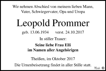 Traueranzeige von Leopold Prommer von Mitteldeutsche Zeitung Zeitz