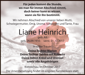 Traueranzeige von Liane Heinrich von Super Sonntag Zeitz