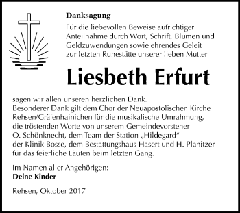 Traueranzeige von Liesbeth Erfurt von Mitteldeutsche Zeitung