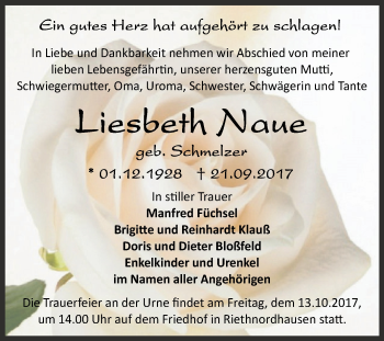 Traueranzeige von Liesbeth Naue von Super Sonntag SGH Mansf. Land