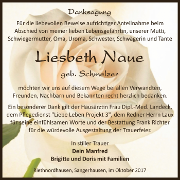 Traueranzeige von Liesbeth Naue von Super Sonntag SGH Mansf. Land