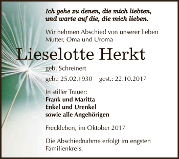 Traueranzeige von Lieselotte Herkt von Super Sonntag Aschersleben