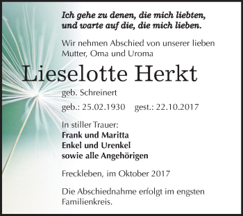 Traueranzeige von Lieselotte Herkt von Mitteldeutsche Zeitung Aschersleben
