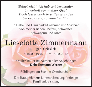 Traueranzeige von Lieselotte Zimmermann von Mitteldeutsche Zeitung