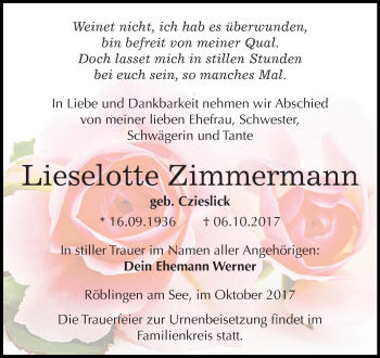 Traueranzeige von Lieselotte Zimmermann von Wochenspiegel Mansfelder Land