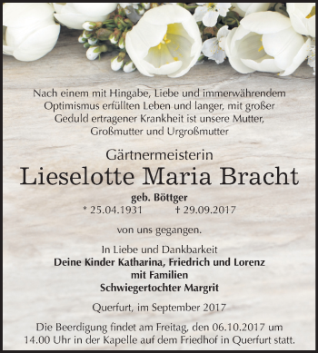 Traueranzeige von Lieselotte Maria Bracht von Mitteldeutsche Zeitung Merseburg/Querfurt
