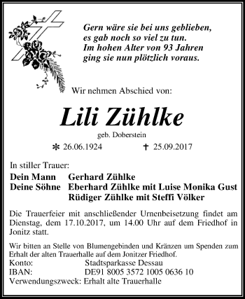 Traueranzeige von Lili Zühlke von Mitteldeutsche Zeitung Dessau-Roßlau