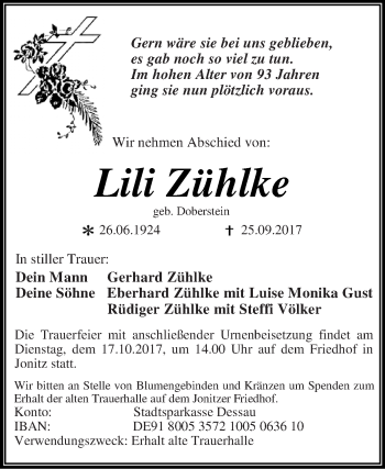 Traueranzeige von Lili Zühlke von WVG - Wochenspiegel Dessau / Köthen