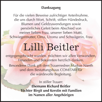 Traueranzeige von Lilli Beitler von Mitteldeutsche Zeitung Zeitz