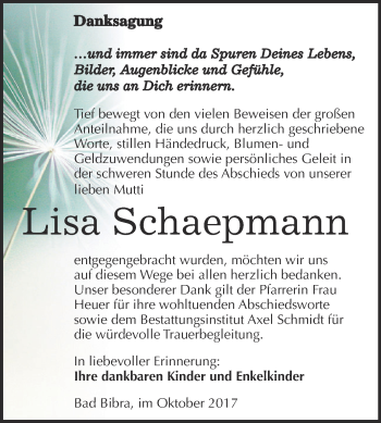 Traueranzeige von Lisa Schaepmann von WVG - Wochenspiegel NMB / WSF / ZTZ