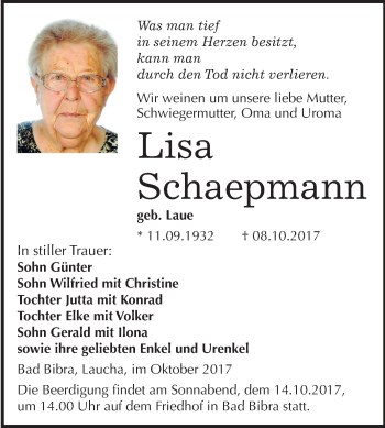 Traueranzeige von Lisa Schaepmann von Mitteldeutsche Zeitung