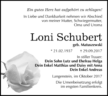 Traueranzeige von Loni Schubert von Mitteldeutsche Zeitung Bitterfeld