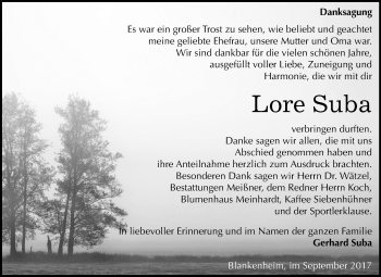 Traueranzeige von Lore Suba von Mitteldeutsche Zeitung Sangerhausen