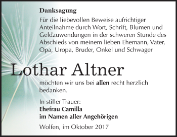 Traueranzeige von Lothar Altner von Mitteldeutsche Zeitung Bitterfeld