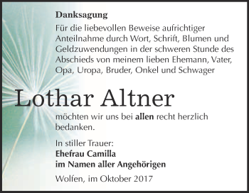 Traueranzeige von Lothar Altner von WVG - Wochenspiegel Bitterfeld