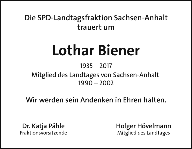  Traueranzeige für Lothar Biener vom 11.10.2017 aus Mitteldeutsche Zeitung Dessau-Roßlau