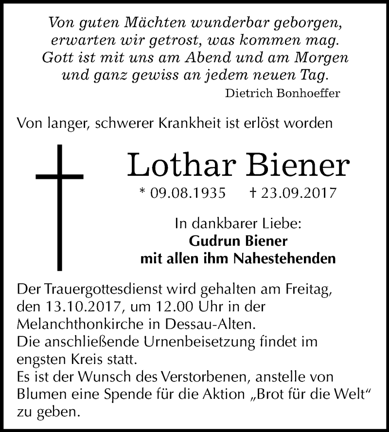  Traueranzeige für Lothar Biener vom 05.10.2017 aus Mitteldeutsche Zeitung Dessau-Roßlau