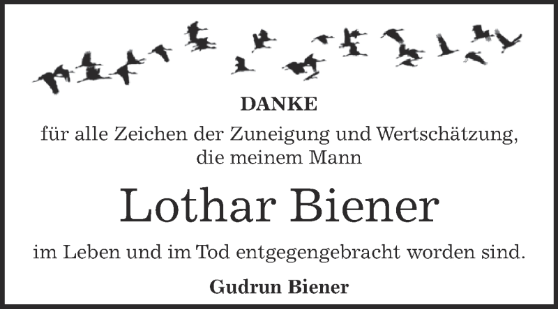  Traueranzeige für Lothar Biener vom 21.10.2017 aus WVG - Wochenspiegel Dessau / Köthen