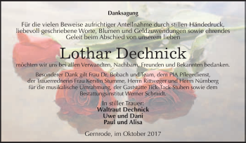 Traueranzeige von Lothar Dechnick von WVG - Wochenspiegel Quedlinburg