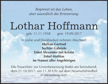 Traueranzeige von Lothar Hoffmann von WVG - Wochenspiegel Merseburg