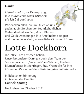 Traueranzeige von Lotte Dockhorn von Super Sonntag Aschersleben