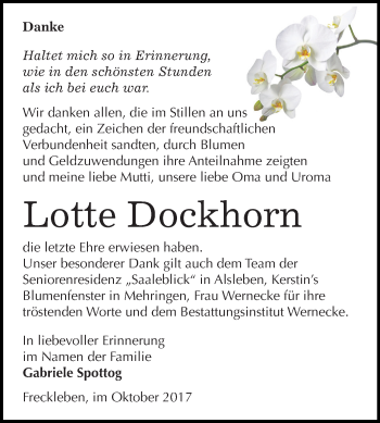Traueranzeige von Lotte Dockhorn von Mitteldeutsche Zeitung Aschersleben