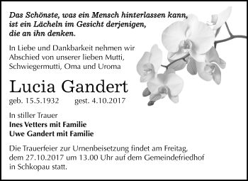 Traueranzeige von Lucia Gandert von Mitteldeutsche Zeitung Merseburg/Querfurt
