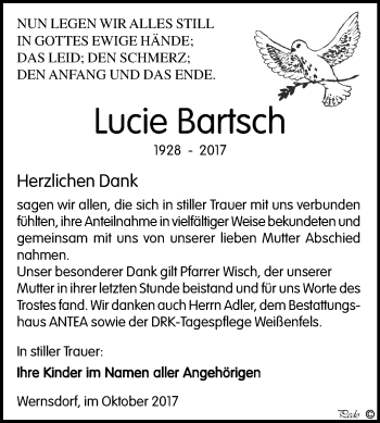Traueranzeige von Lucie Bartsch von Mitteldeutsche Zeitung Weißenfels