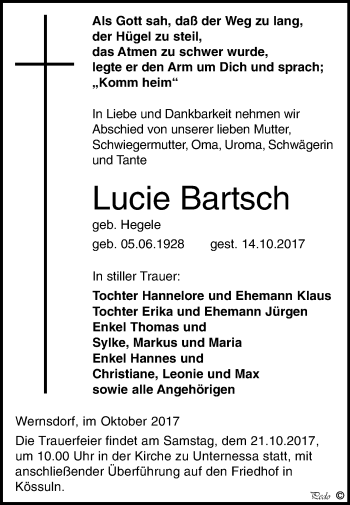 Traueranzeige von Lucie Bartsch von Mitteldeutsche Zeitung Weißenfels