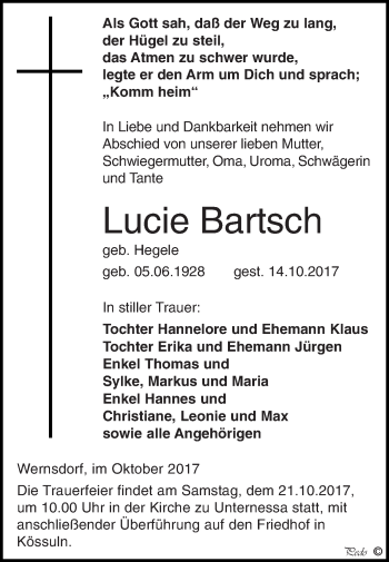 Traueranzeige von Lucie Bartsch von WVG - Wochenspiegel NMB / WSF / ZTZ