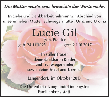 Traueranzeige von Lucie Gil von Super Sonntag Zeitz
