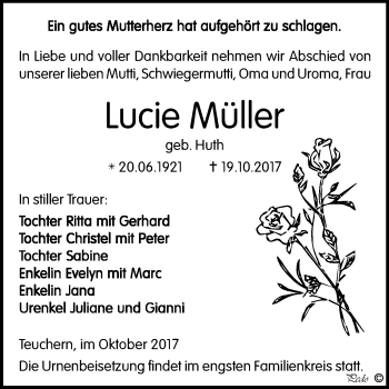 Traueranzeige von Lucie Müller von Mitteldeutsche Zeitung Weißenfels
