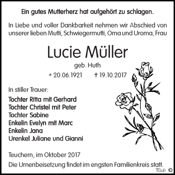 Traueranzeige von Lucie Müller von WVG - Wochenspiegel NMB / WSF / ZTZ