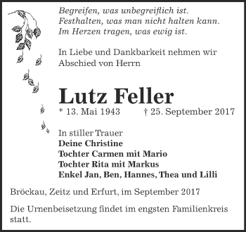 Traueranzeige von Lutz Feller von Super Sonntag Zeitz