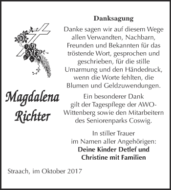 Traueranzeige von Magdalena Richter von WVG - Wochenspiegel Wittenberg