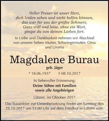 Traueranzeige von Magdalene Burau von Super Sonntag Merseburg