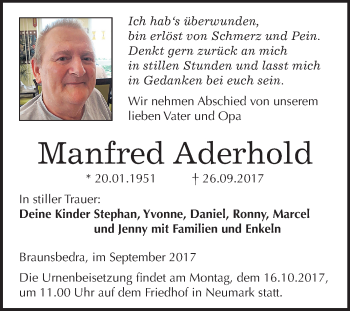 Traueranzeige von Manfred Aderhold von Mitteldeutsche Zeitung Merseburg/Querfurt