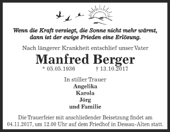 Traueranzeige von Manfred Berger von WVG - Wochenspiegel Dessau / Köthen