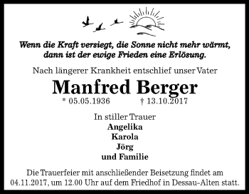 Traueranzeige von Manfred Berger von Mitteldeutsche Zeitung Dessau-Roßlau