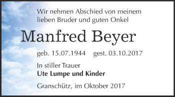Traueranzeige von Manfred Beyer von WVG - Wochenspiegel NMB / WSF / ZTZ