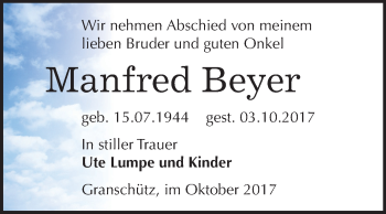 Traueranzeige von Manfred Beyer von Mitteldeutsche Zeitung Weißenfels
