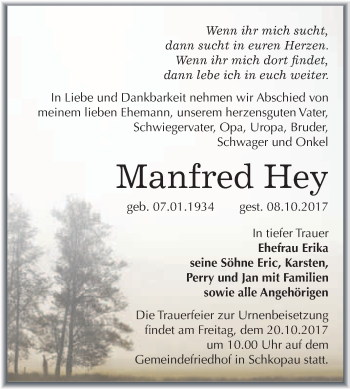 Traueranzeige von Manfred Hey von WVG - Wochenspiegel Merseburg