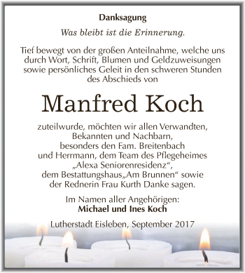 Traueranzeige von Manfred Koch von Wochenspiegel Mansfelder Land