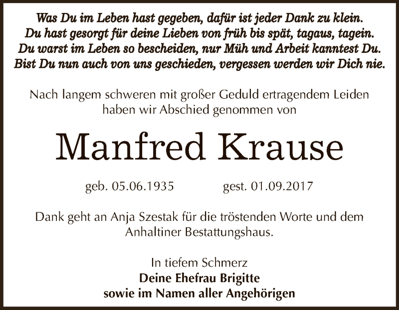  Traueranzeige für Manfred Krause vom 07.10.2017 aus WVG - Wochenspiegel Dessau / Köthen