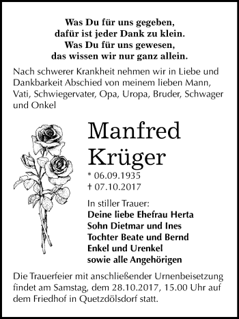 Traueranzeige von Manfred Krüger von Mitteldeutsche Zeitung Bitterfeld