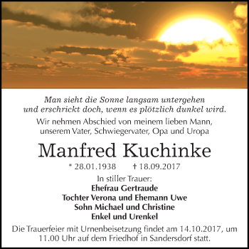 Traueranzeige von Manfred Kuchinke von Mitteldeutsche Zeitung Bitterfeld