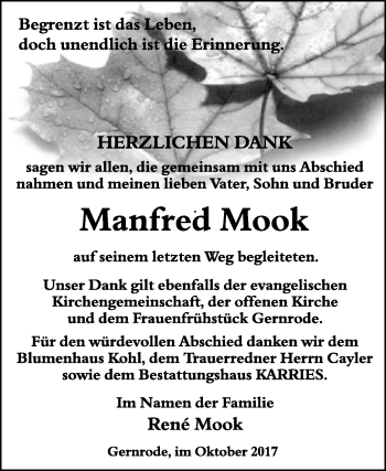 Traueranzeige von Manfred Mook von WVG - Wochenspiegel Quedlinburg