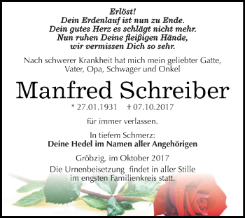 Traueranzeige von Manfred Schreiber von WVG - Wochenspiegel Dessau / Köthen