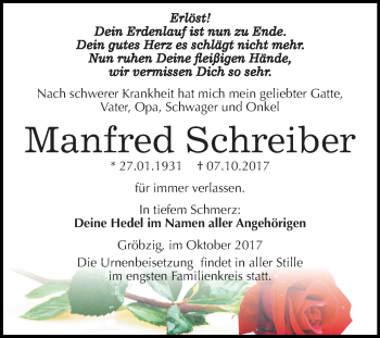 Traueranzeige von Manfred Schreiber von Mitteldeutsche Zeitung