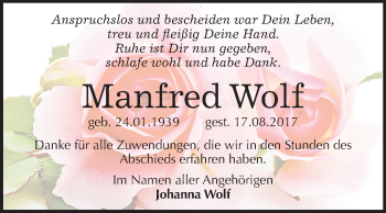 Traueranzeige von Manfred Wolf von Mitteldeutsche Zeitung Merseburg/Querfurt